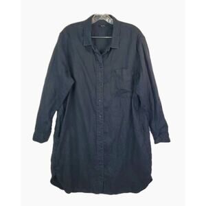 Quince 100% European Linen Shirt Dress Button Roll Tab Sleeve Pocket Black Large